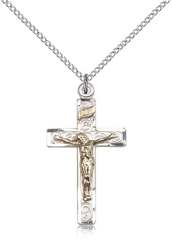 Crucifix Pendant, Two-Tone - 18" 1.2mm Sterling Silver Chain + Clasp