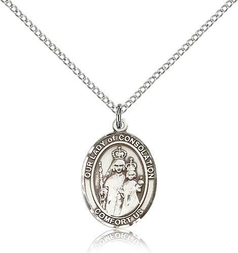 Our Lady of Consolation Medal, Sterling Silver, Medium - 18" 1.2mm Sterling Silver Chain + Clasp