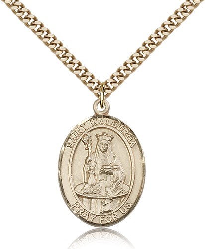 St. Walburga Medal, Gold Filled, Large - 24" 2.4mm Gold Plated Chain + Clasp