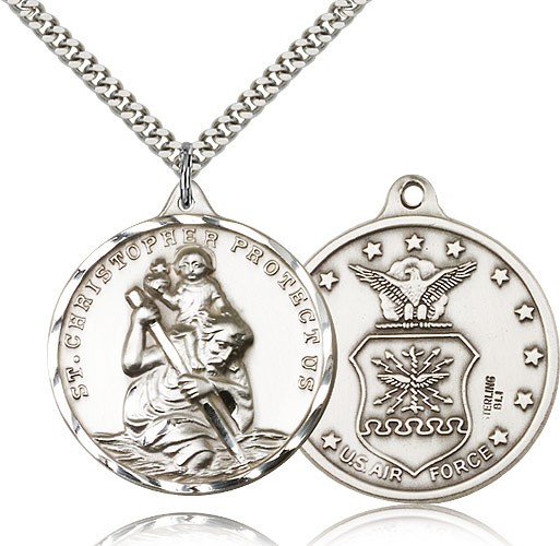 St. Christopher Air Force Medal, Sterling Silver - 24" 2.4mm Rhodium Plate Endless Chain