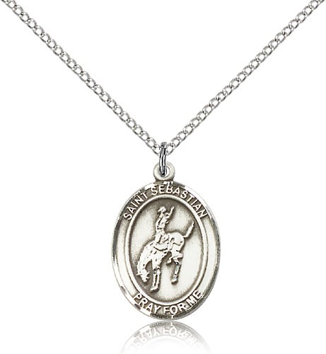 St. Sebastian Rodeo Medal, Sterling Silver, Medium - 18" 1.2mm Sterling Silver Chain + Clasp