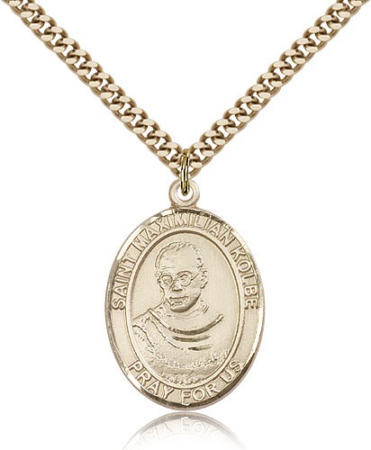 St. Maximilian Kolbe Medal, Gold Filled, Large - 24" 2.4mm Gold Plated Chain + Clasp