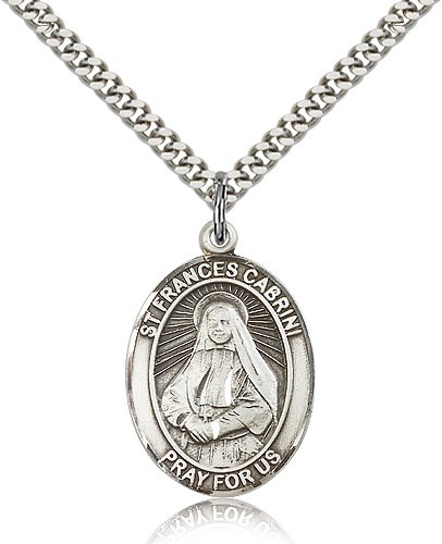 St. Frances Cabrini Medal, Sterling Silver, Large - 24" 2.4mm Rhodium Plate Chain + Clasp