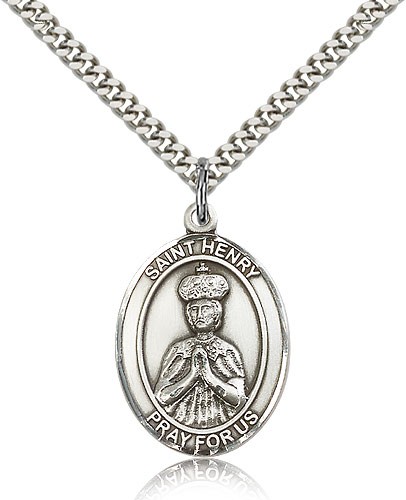 St. Henry II Medal, Sterling Silver, Large - 24" 2.4mm Rhodium Plate Chain + Clasp