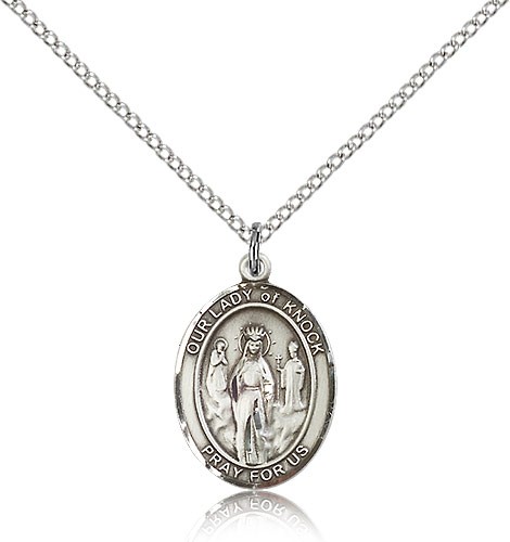 Our Lady of Knock Medal, Sterling Silver, Medium - 18" 1.2mm Sterling Silver Chain + Clasp