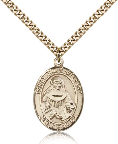 St. Julie Billiart Medal, Gold Filled, Large - 24" 2.4mm Gold Plated Chain + Clasp