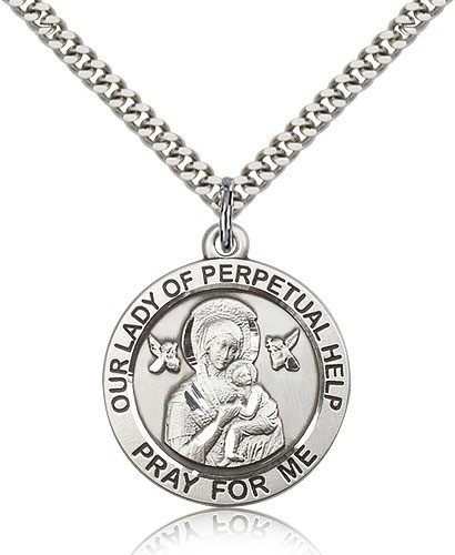 Our Lady of Perpetual Help Medal, Sterling Silver - 24" 2.4mm Rhodium Plate Endless Chain