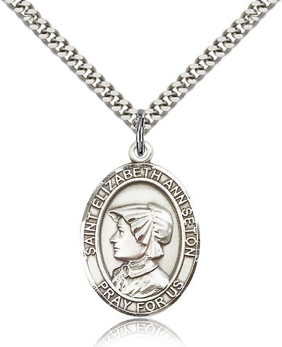 St. Elizabeth Ann Seton Medal, Sterling Silver, Large - 24" 2.4mm Rhodium Plate Chain + Clasp