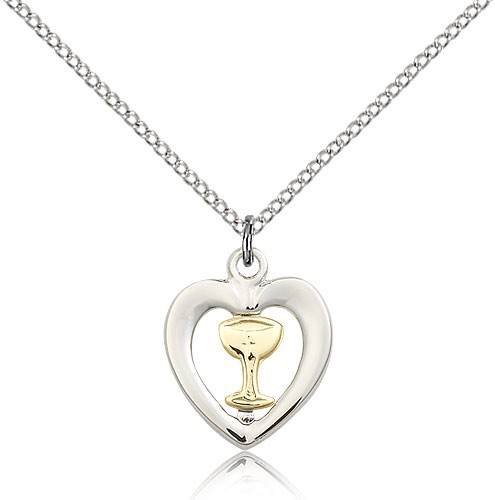 Chalice Heart Medal, Two-Tone - 18" 1.2mm Sterling Silver Chain + Clasp