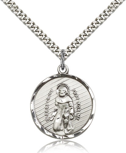 St. Perregrine Medal, Sterling Silver - 24" 2.4mm Rhodium Plate Endless Chain