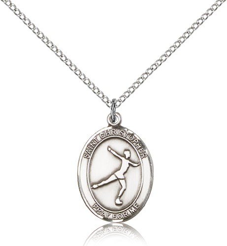 St. Christopher Figure Skating Medal, Sterling Silver, Medium - 18" 1.2mm Sterling Silver Chain + Clasp