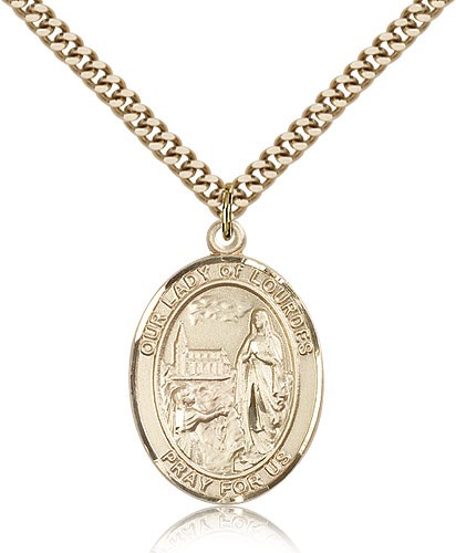 Our Lady of Lourdes Medal, Gold Filled, Large - 24" 2.4mm Gold Plated Chain + Clasp