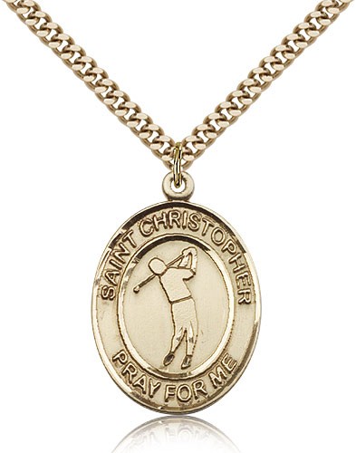 St. Christopher Golf Medal, Gold Filled, Large - 24" 2.4mm Gold Plated Chain + Clasp