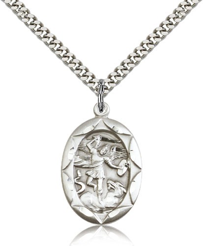 St. Michael the Archangel Medal, Sterling Silver - 24" 2.4mm Rhodium Plate Endless Chain