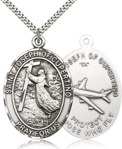 St. Joseph of Cupertino Medal, Sterling Silver - 24" 2.4mm Rhodium Plate Endless Chain