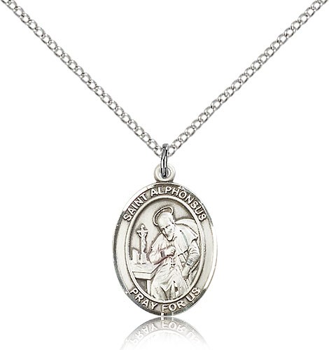 St. Alphonsus Medal, Sterling Silver, Medium - 18" 1.2mm Sterling Silver Chain + Clasp