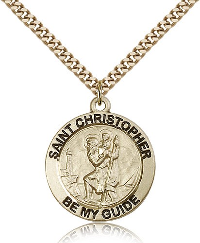 Men's Round 14kt Gold Filled St. Christopher Be My Guide Medal - 24" 2.4mm Gold Plated Endless Chain