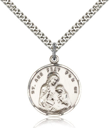 St. Ann Medal, Sterling Silver - 24" 2.4mm Rhodium Plate Endless Chain
