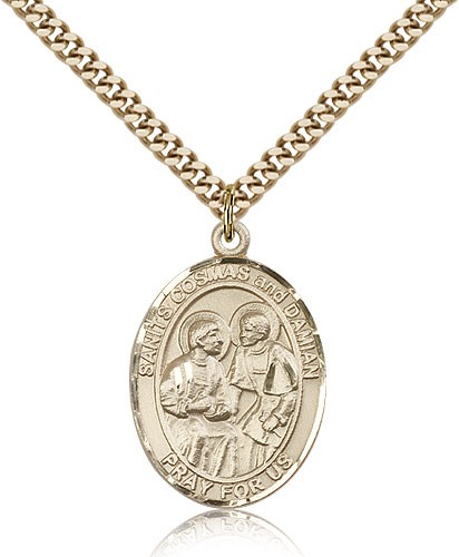 Sts. Cosmas and Damian Medal, Gold Filled, Large - 24" 2.4mm Gold Plated Chain + Clasp