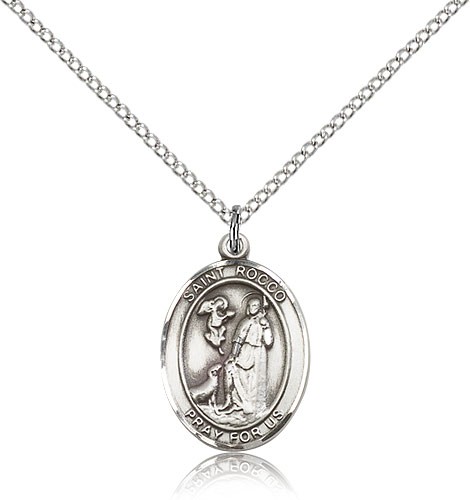 St. Rocco Medal, Sterling Silver, Small - 18" 1.2mm Sterling Silver Chain + Clasp