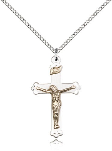 Crucifix Pendant, Two-Tone - 18" 1.2mm Sterling Silver Chain + Clasp