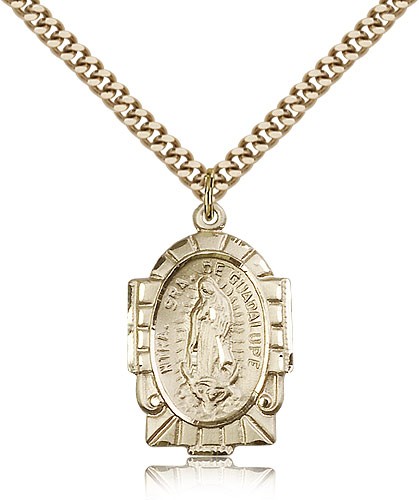 Our Lady of Guadalupe Medal, Gold Filled - 24" 2.4mm Gold Plated Endless Chain