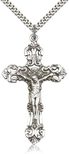 Large Sterling Silver Crucifix Pendant - 24" 2.4mm Rhodium Plate Endless Chain