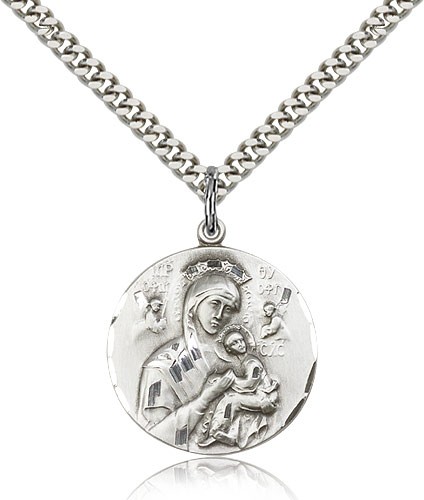 Our Lady of Perpetual Help Medal, Sterling Silver - 24" 2.4mm Rhodium Plate Endless Chain