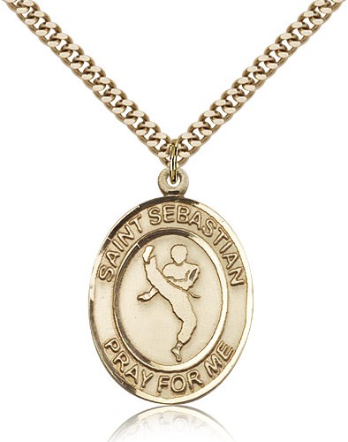 St. Sebastian Martial Arts Medal, Gold Filled, Large - 24" 2.4mm Gold Plated Chain + Clasp