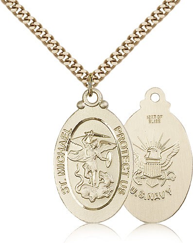 St. Michael Navy Medal, Gold Filled - 24" 2.4mm Gold Plated Endless Chain