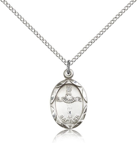 Baptism Medal, Sterling Silver - 18" 1.2mm Sterling Silver Chain + Clasp