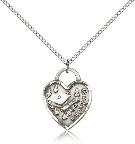 Graduation Heart Medal, Sterling Silver - 18" 1.2mm Sterling Silver Chain + Clasp