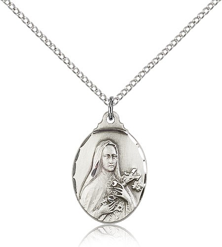 St. Theresa Medal, Sterling Silver - 18" 1.2mm Sterling Silver Chain + Clasp
