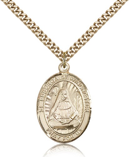 St. Edburga of Winchester Medal, Gold Filled, Large - 24" 2.4mm Gold Plated Chain + Clasp