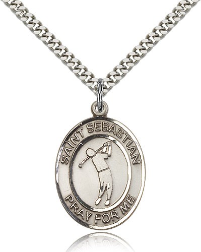 St. Sebastian Golf Medal, Sterling Silver, Large - 24" 2.4mm Rhodium Plate Chain + Clasp