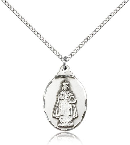 Infant of Prague Medal, Sterling Silver - 18" 1.2mm Sterling Silver Chain + Clasp
