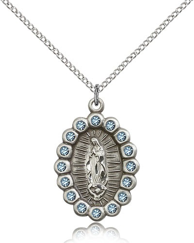 Our Lady of Guadalupe Medal, Sterling Silver - 18" 1.2mm Sterling Silver Chain + Clasp