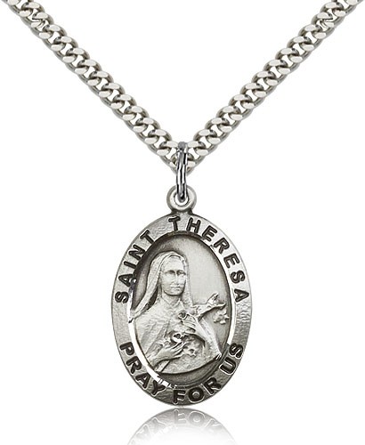 St. Theresa Medal, Sterling Silver - 24" 2.4mm Rhodium Plate Endless Chain