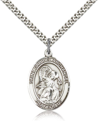 St. Gabriel the Archangel Medal, Sterling Silver, Large - 24" 2.4mm Rhodium Plate Chain + Clasp