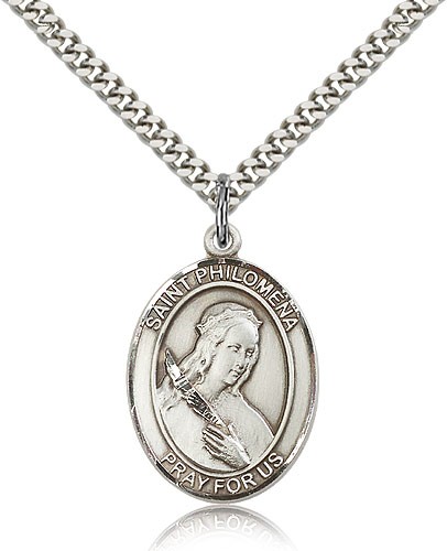 St. Philomena Medal, Sterling Silver, Large - 24" 2.4mm Rhodium Plate Chain + Clasp