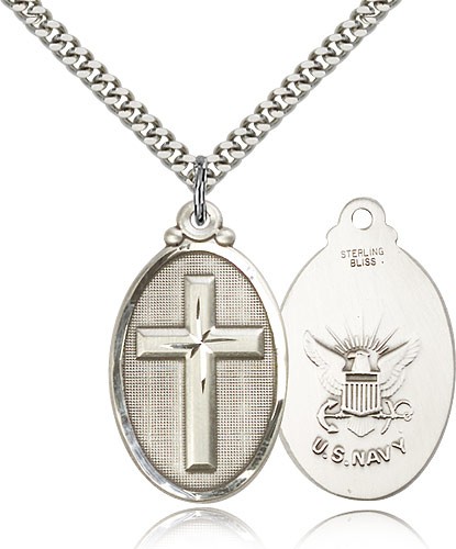 Navy Cross Pendant, Sterling Silver - 24" 2.4mm Rhodium Plate Endless Chain