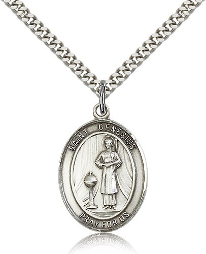 St. Genesius of Rome Medal, Sterling Silver, Large - 24" 2.4mm Rhodium Plate Chain + Clasp