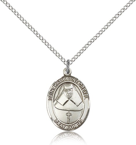 St. Katharine Drexel Medal, Sterling Silver, Medium - 18" 1.2mm Sterling Silver Chain + Clasp