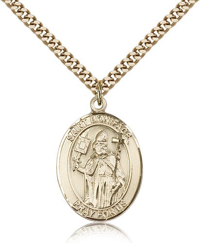 St. Boniface Medal, Gold Filled, Large - 24" 2.4mm Gold Plated Chain + Clasp