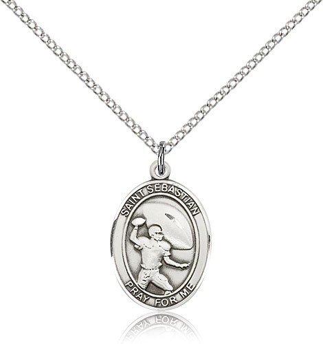 St. Sebastian Football Medal, Sterling Silver, Medium - 18" 1.2mm Sterling Silver Chain + Clasp