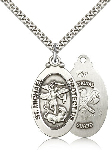 St. Michael National Guard Medal, Sterling Silver - 24" 2.4mm Rhodium Plate Endless Chain