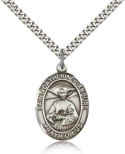 St. Catherine Laboure Medal, Sterling Silver, Large - 24" 2.4mm Rhodium Plate Chain + Clasp