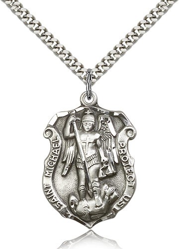 St. Michael the Archangel Medal, Sterling Silver - 24" 2.4mm Rhodium Plate Endless Chain