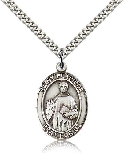 St. Placidus Medal, Sterling Silver, Large - 24" 2.4mm Rhodium Plate Chain + Clasp