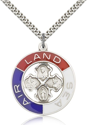 Land, Sea, Air Medal, Sterling Silver - 24" 2.4mm Rhodium Plate Endless Chain